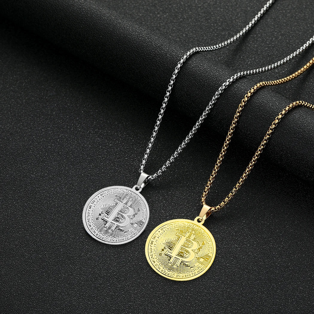 Kinitial Circle BTC Pendant Necklace Stainless Steel - Coin Chain Shop