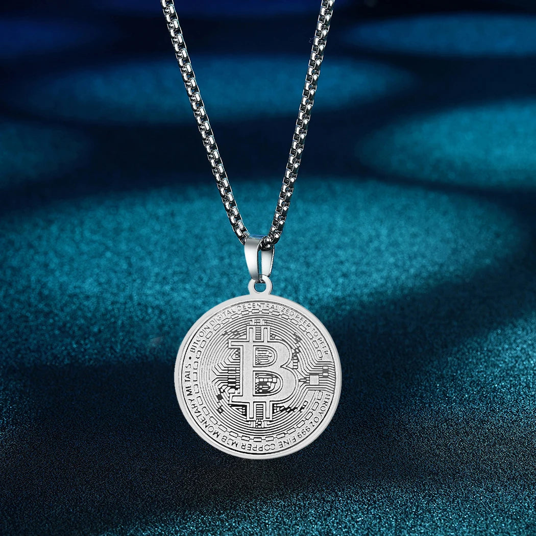 Kinitial Circle BTC Pendant Necklace Stainless Steel - Coin Chain Shop