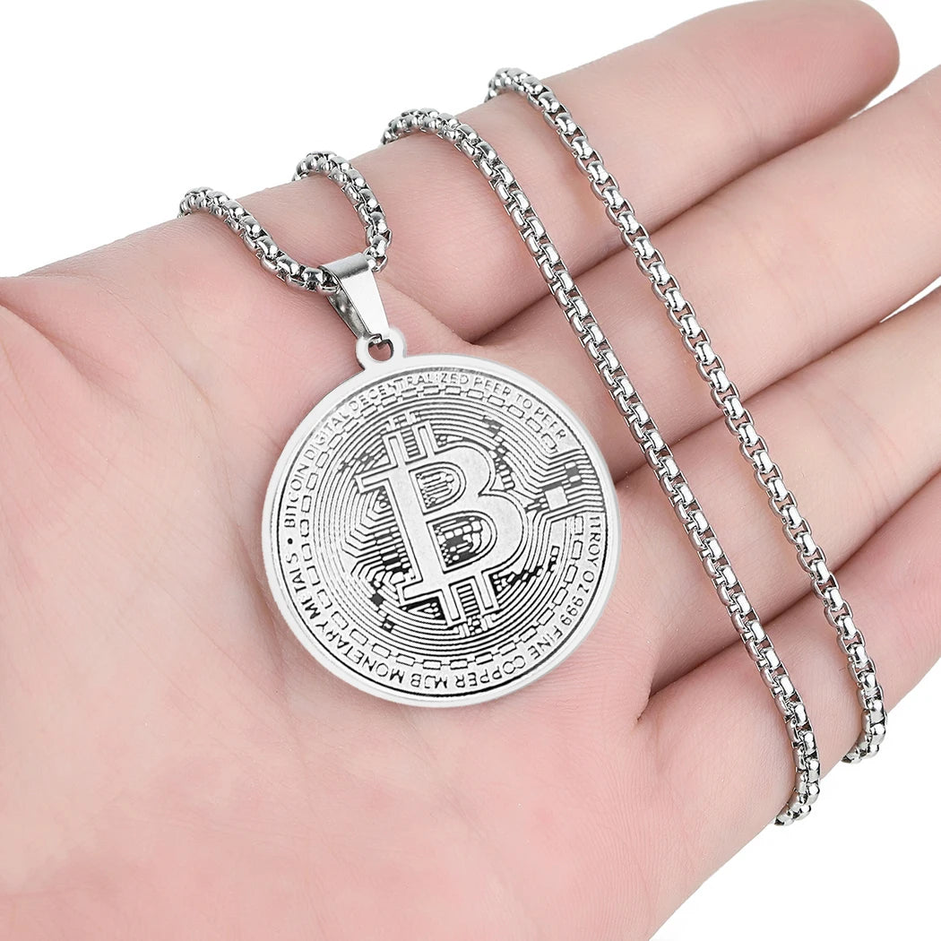 Kinitial Circle BTC Pendant Necklace Stainless Steel - Coin Chain Shop