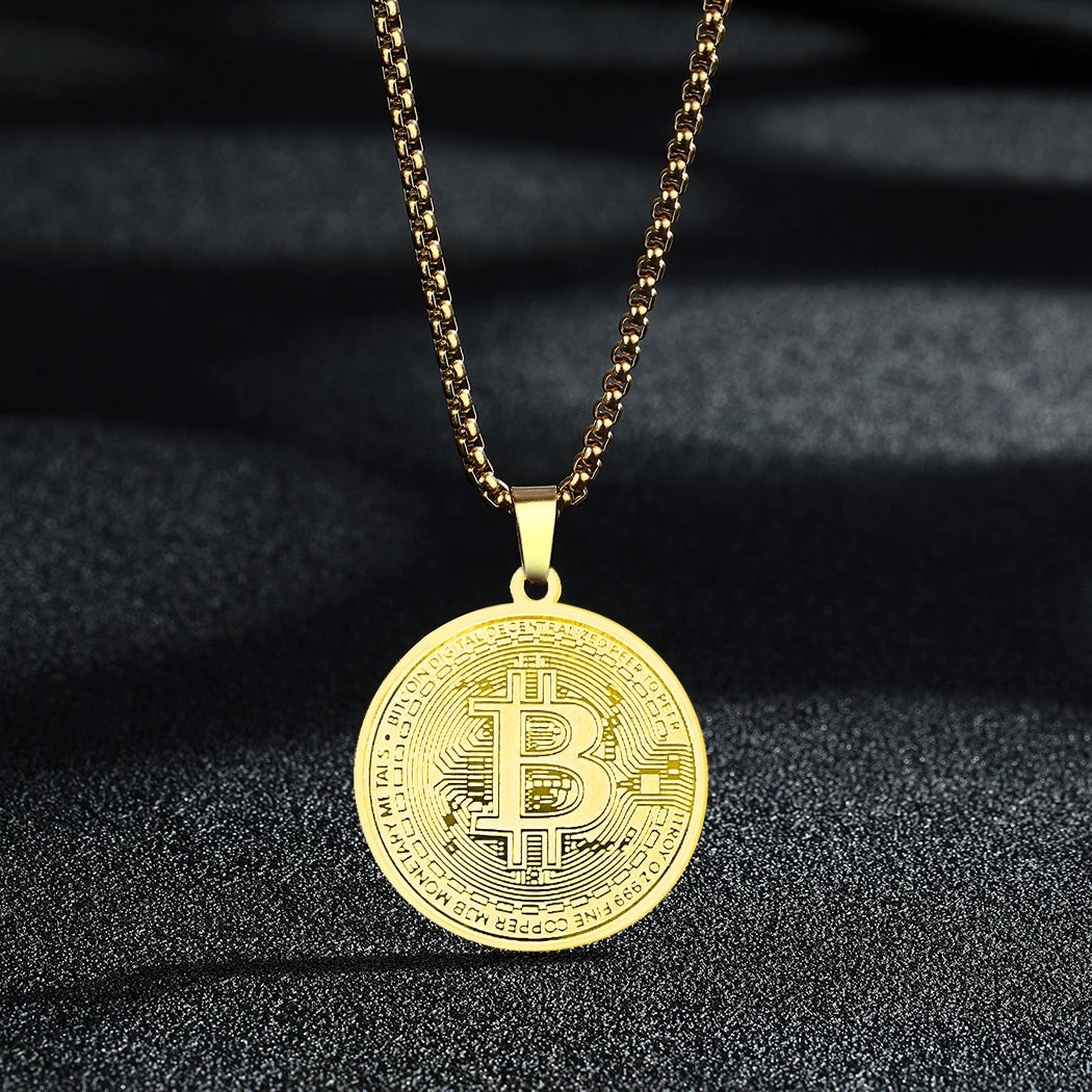 Kinitial Circle BTC Pendant Necklace Stainless Steel - Coin Chain Shop